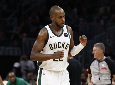 Mar 20, 2024; Boston, Massachusetts, USA; Milwaukee Bucks forward Khris Middleton (22) pumps his fist after hitting a basket against the Boston Celtics during the second half at TD Garden. Mandatory Credit: Winslow Townson-USA TODAY Sports