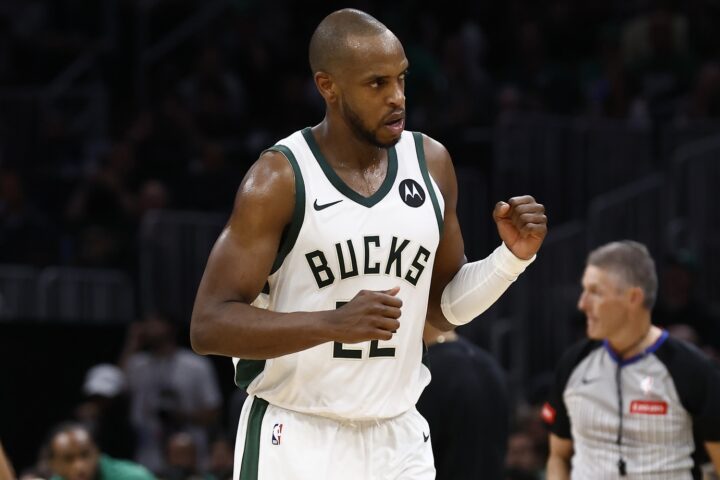 Mar 20, 2024; Boston, Massachusetts, USA; Milwaukee Bucks forward Khris Middleton (22) pumps his fist after hitting a basket against the Boston Celtics during the second half at TD Garden. Mandatory Credit: Winslow Townson-USA TODAY Sports