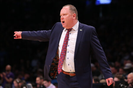 Mar 22, 2024; Brooklyn, NY, USA; Wisconsin Badgers head coach Greg Gard reacts against the James Madison Dukes in the first round of the 2024 NCAA Tournament at the Barclays Center. Mandatory Credit: Brad Penner-USA TODAY Sports