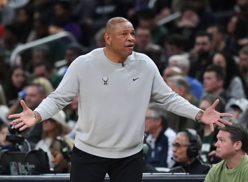 Mar 26, 2024; Milwaukee, Wisconsin, USA; Milwaukee Bucks coach Doc Rivers questions a call against Los Angeles Lakers at Fiserv Forum. Mandatory Credit: Michael McLoone-USA TODAY Sports