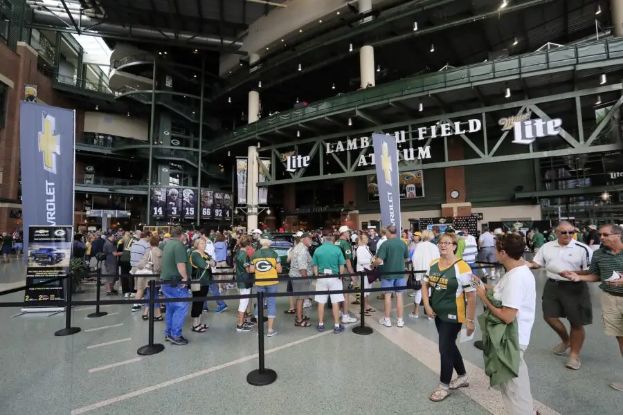 July 24, 2017; Green Bay, WI, USA; Green Bay Packers fans walk through the Atrium before the annual Green Bay Packers shareholder's meeting at Lambeau Field. Mandatory Credit: Adam Wesley/Green Bay Press Gazette via USA TODAY Sports