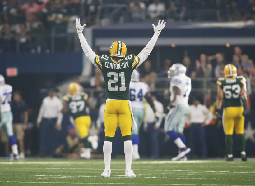 Oct 8, 2017; Arlington, TX, USA; Green Bay Packers safety Ha Ha Clinton-Dix (21) celebrates an interception being returned for a touchdown in the fourth quarter against the Dallas Cowboys at AT&T Stadium. Mandatory Credit: Tim Heitman-USA TODAY Sports