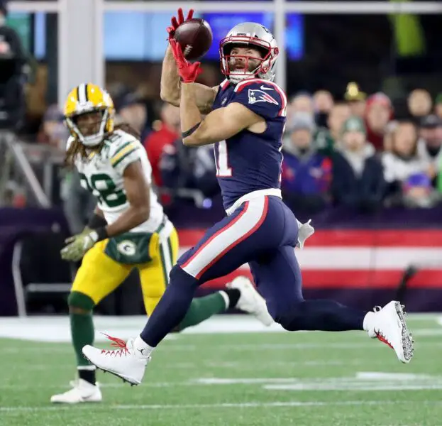 Green Bay Packers cornerback Tramon Williams (38) watches as wide receiver Julian Edelman (11) makes a catch against the New England Patriots Sunday, November 4, 2018 at Gillette Stadium in Foxboro, Mass. © Jim Matthews/USA TODAY NETWORK-W