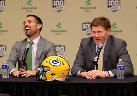 New Green Bay Packers head coach Matt LaFleur laughs as team president Mark Murphy, right, utters an expletive as LaFleur is introduced during a press conference in the Lambeau Field media auditorium Wednesday, January 9, 2019 in Green Bay, Wis. © Jim Matthews/USA TODAY NETWORK-Wisconsin/@jmatthe79