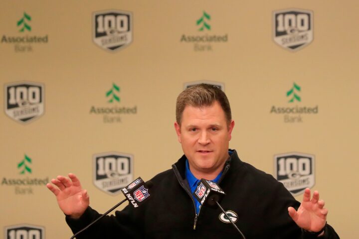 Green Bay Packers general manager Brian Gutekunst speaks at a press conference at Lambeau Field on Thursday, March 14, 2019 in Green Bay, Wis. © Adam Wesley/USA TODAY NETWORK-Wisconsin
