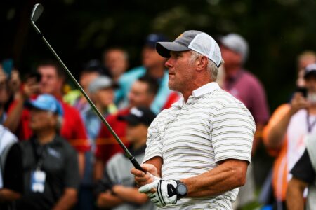Former NFL quarterback Brett Favre watches the ball after teeing off at the first hole during the BMW Charity Pro-Am at Thornblade Club Thursday, June 6, 2019. © JOSH MORGAN/Staff