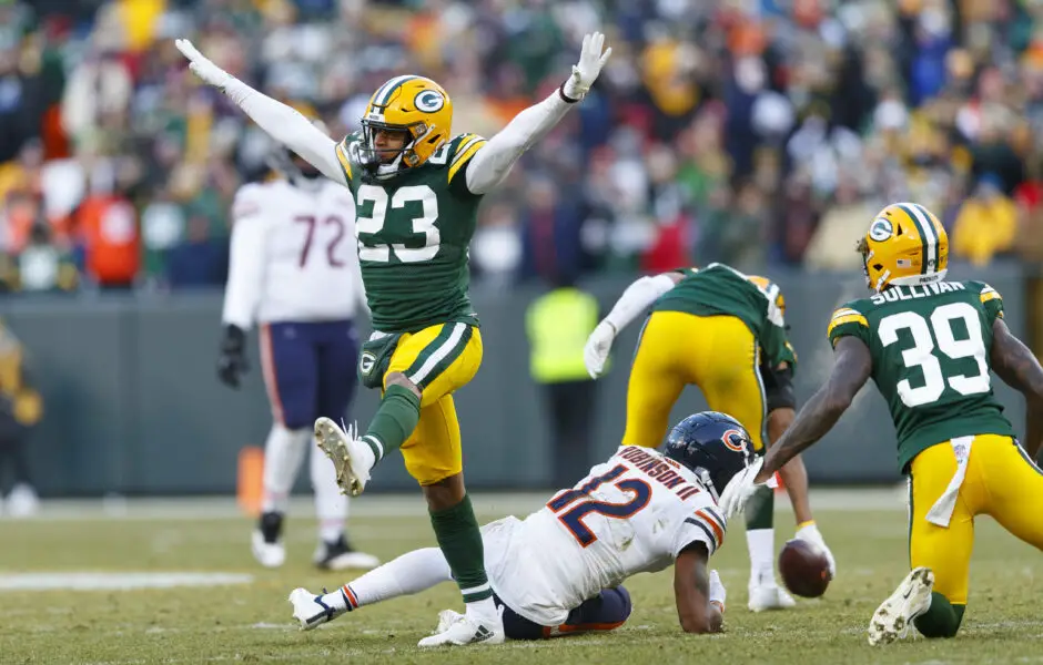 Dec 15, 2019; Green Bay, WI, USA; Green Bay Packers cornerback Jaire Alexander (23) celebrates after defending the pass intended for Chicago Bears wide receiver Allen Robinson II (12) during the fourth quarter at Lambeau Field. Mandatory Credit: Jeff Hanisch-USA TODAY Sports