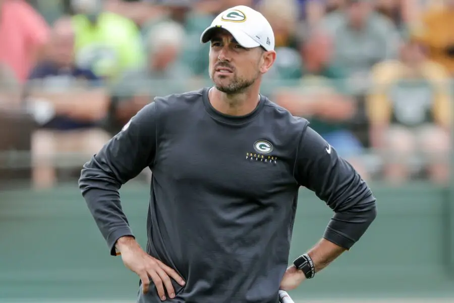 Head coach Matt LaFleur during Green Bay Packers training camp at Ray Nitschke Field Tuesday, July 30, 2019, in Ashwaubenon, Wis. © USA TODAY NETWORK-Wis. via Imagn Content Services, LLC