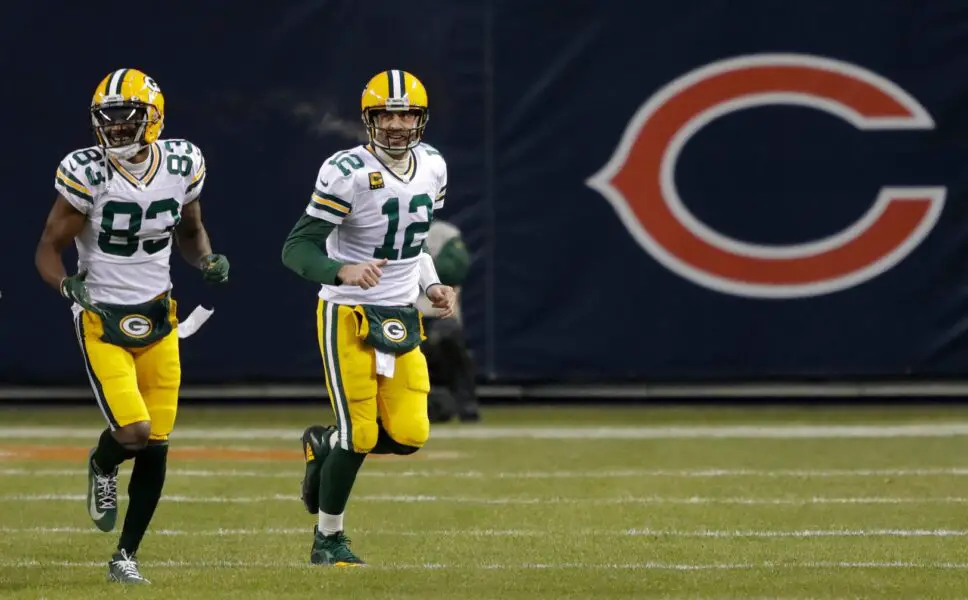 Green Bay Packers quarterback Aaron Rodgers (12) celebrates a touchdown catch with wide receiver Marquez Valdes-Scantling (83) against the Chicago Bears during their football game Sunday, Jan. 3, 2021, at Soldier Field in Chicago, Ill. Dan Powers/USA TODAY NETWORK-Wisconsin
