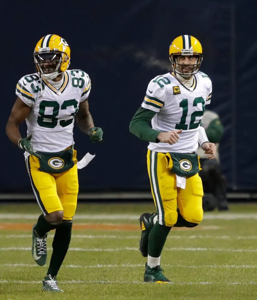Green Bay Packers quarterback Aaron Rodgers (12) celebrates a touchdown catch with wide receiver Marquez Valdes-Scantling (83) against the Chicago Bears during their football game Sunday, Jan. 3, 2021, at Soldier Field in Chicago, Ill. Dan Powers/USA TODAY NETWORK-Wisconsin