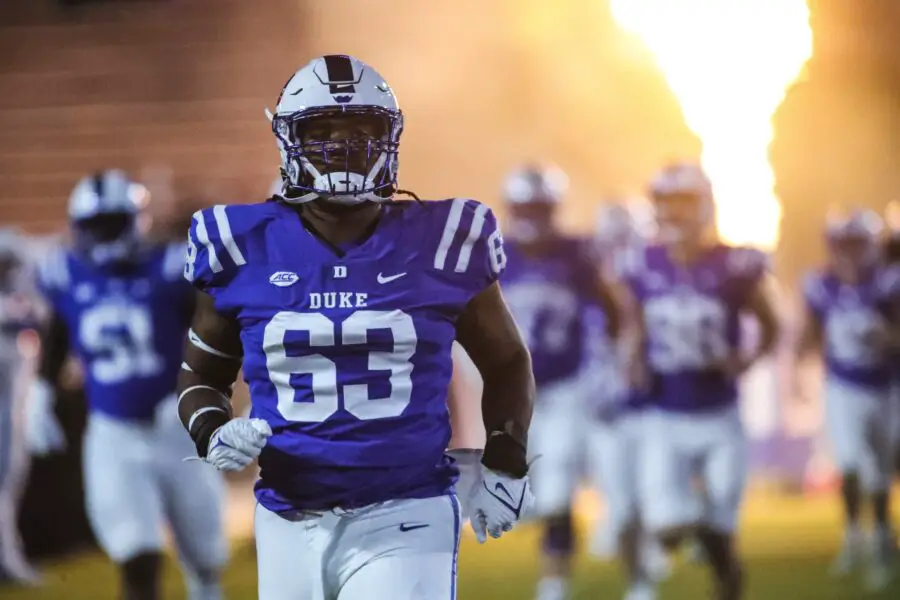 Nov 18, 2021; Durham, North Carolina, USA; Duke Blue Devils guard Jacob Monk (63) just before the 1st half of the game against the Louisville Cardinals at Wallace Wade Stadium. Mandatory Credit: Jaylynn Nash-USA TODAY Sports (Green Bay Packers)