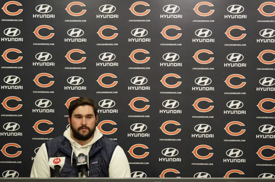Mar 18, 2022; Lake Forest, IL, USA; Lucas Patrick speaks to the media as he has agreed to a free agent contract with the Chicago Bears. He played for the Green Bay Packers last year. Mandatory Credit: David Banks-USA TODAY Sports