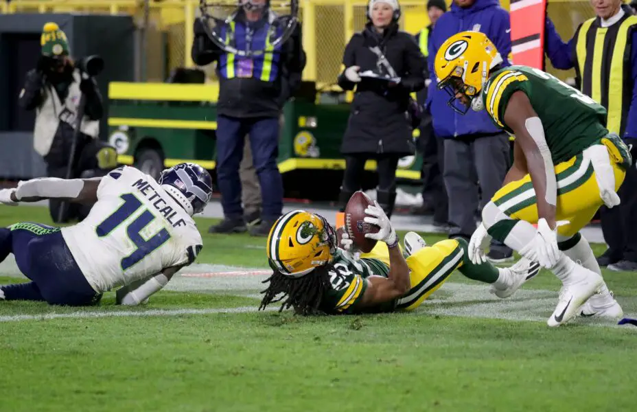 Green Bay Packers cornerback Kevin King (20) comes up with an interception in the end zone intended for Seattle Seahawks wide receiver DK Metcalf (14) during the second half of the 17-0 win at Lambeau Field in Green Bay on Sunday, Nov. 14, 2021. Photo by Mike De Sisti / Milwaukee Journal Sentinel via USA TODAY NETWORK Syndication Journal Sentinel