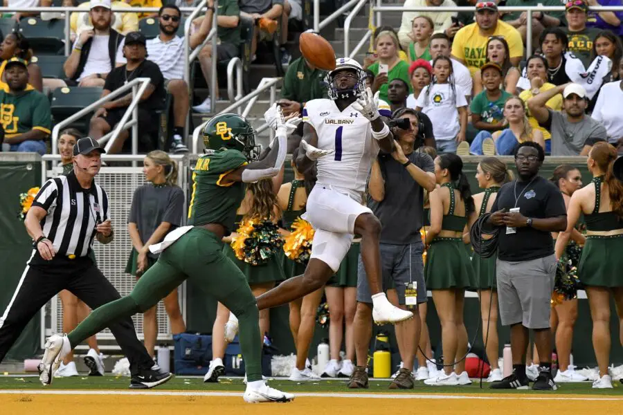 Sep 3, 2022; Waco, Texas, USA; Albany Great Danes wide receiver Julian Hicks (1) catches a touchdown pass against the Baylor Bears during the first quarter at McLane Stadium. Mandatory Credit: Jerome Miron-USA TODAY Sports (Green Bay Packers)