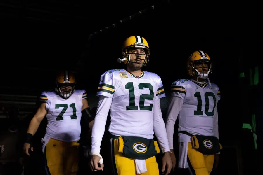 Nov 27, 2022; Philadelphia, Pennsylvania, USA; Green Bay Packers quarterback Aaron Rodgers (12) and quarterback Jordan Love (10) walk out of the tunnel before action against the Philadelphia Eagles at Lincoln Financial Field. Mandatory Credit: Bill Streicher-USA TODAY Sports