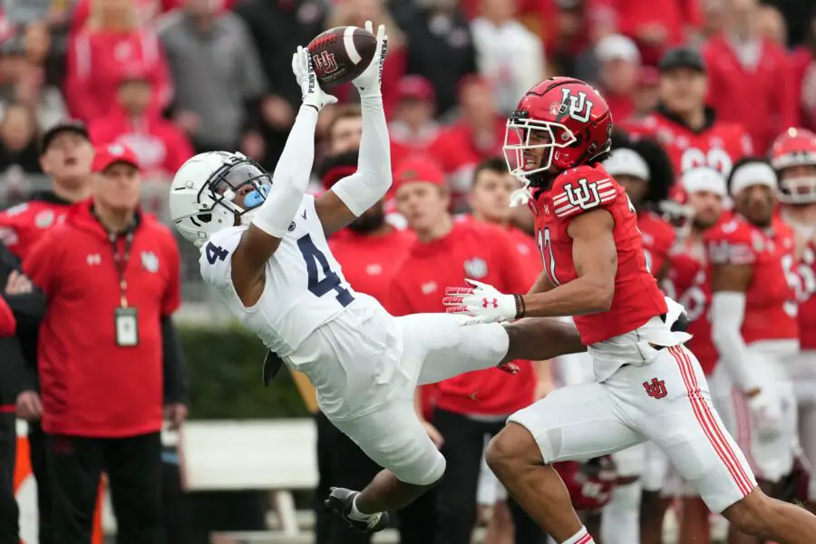 Jan 2, 2023; Pasadena, California, USA; Penn State Nittany Lions cornerback Kalen King (4) makes an catch against Utah Utes wide receiver Devaughn Vele (17) in the first half of the 109th Rose Bowl game at the Rose Bowl. Mandatory Credit: Kirby Lee-USA TODAY Sports Green Bay Packers