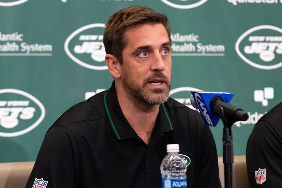 Apr 26, 2023; Florham Park, NJ, USA; New York Jets quarterback Aaron Rodgers (8) addresses the media during the introductory press conference at Atlantic Health Jets Training Center. Mandatory Credit: Tom Horak-USA TODAY Sports (Green Bay Packers)