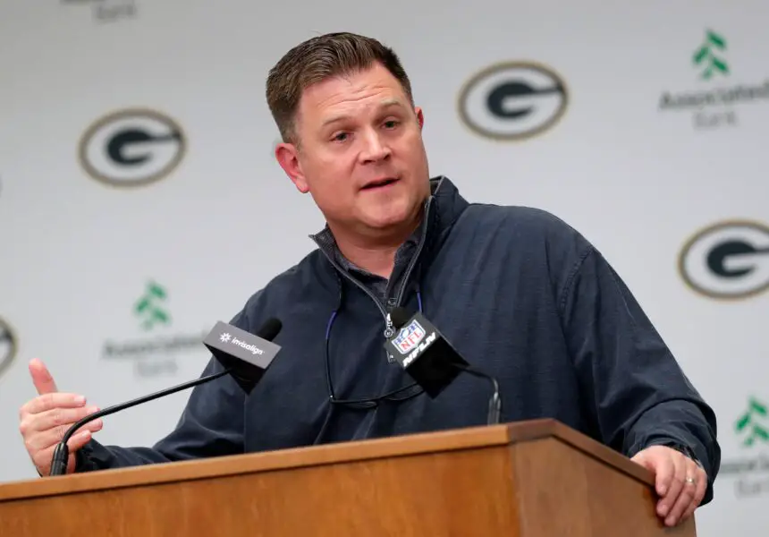 Green Bay Packers general manager Brian Gutekunst speaks to media after trading quarterback Aaron Rodgers to the New York Jets on April 25, 2023, at Lambeau Field in Green Bay, Wis. Gpg Gutekunstpresser 042623 Sk26 © Sarah Kloepping/USA TODAY NETWORK-Wisconsin / USA TODAY NETWORK
