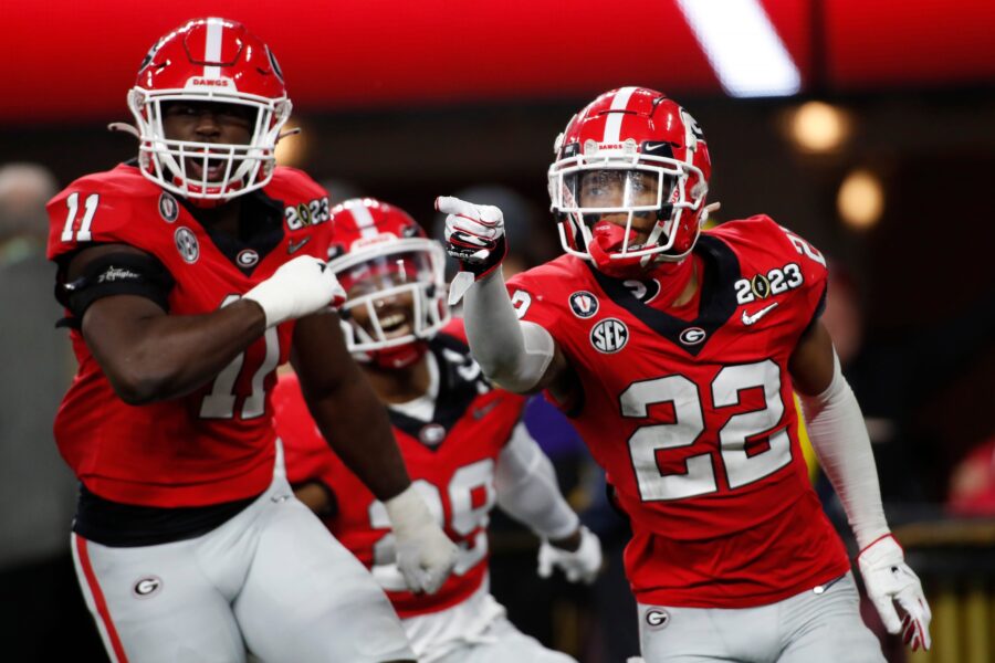 Georgia defensive back Javon Bullard (22) celebrates after making an interception during the first half of the NCAA College Football National Championship game between TCU and Georgia on Monday, Jan. 9, 2023, in Inglewood, Calif. © Joshua L. Jones / USA TODAY NETWORK (Green Bay Packers)