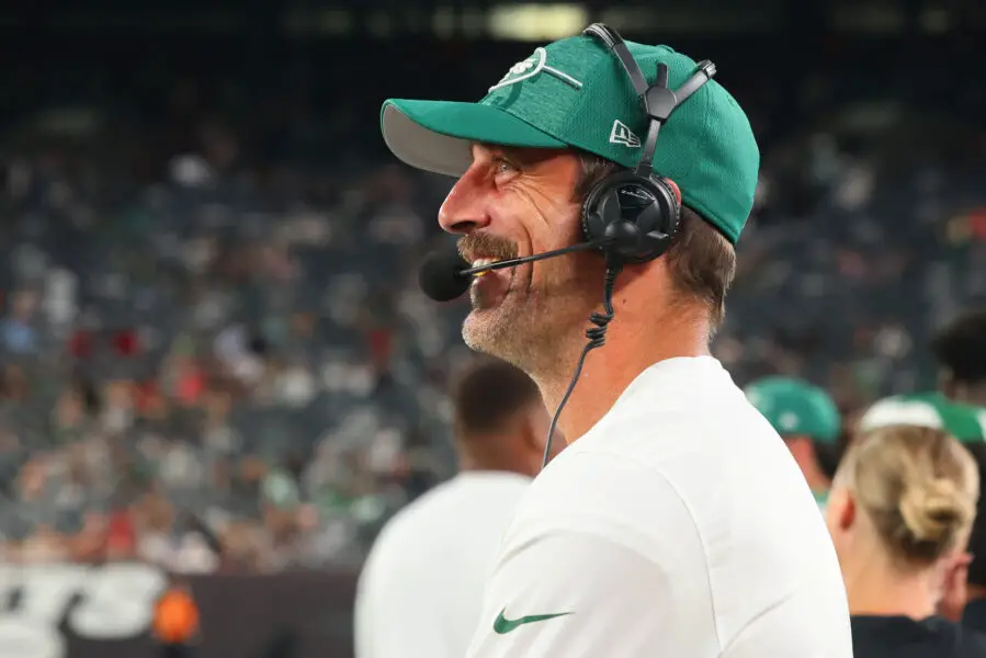 Aug 19, 2023; East Rutherford, New Jersey, USA; New York Jets quarterback Aaron Rodgers (8) on the sideline against the Tampa Bay Buccaneers during the second half at MetLife Stadium. Mandatory Credit: Ed Mulholland-USA TODAY Sports