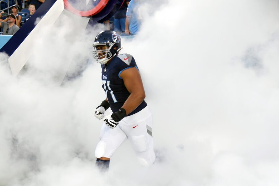 Aug 25, 2023; Nashville, Tennessee, USA; Tennessee Titans offensive tackle Andre Dillard (71) takes the field during introductions before the game against the New England Patriots at Nissan Stadium. Mandatory Credit: Christopher Hanewinckel-USA TODAY Sports (Green Bay Packers)