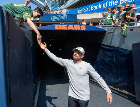 Green Bay Packers head coach Matt LaFleur greets a fan before their game against the Chicago Bears Sunday, September 10, 2023 at Soldier Field in Chicago, Ill. © Mark Hoffman/Milwaukee Journal Sentinel / USA TODAY NETWORK