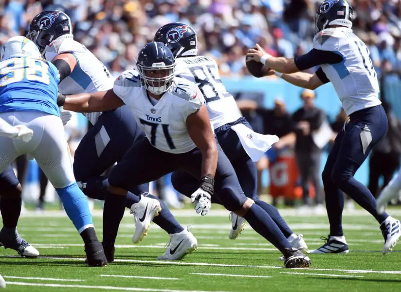 Sep 17, 2023; Nashville, Tennessee, USA; Tennessee Titans offensive tackle Andre Dillard (71) blocks during the first half against the Los Angeles Chargers at Nissan Stadium. Mandatory Credit: Christopher Hanewinckel-USA TODAY Sports (Green Bay Packers)