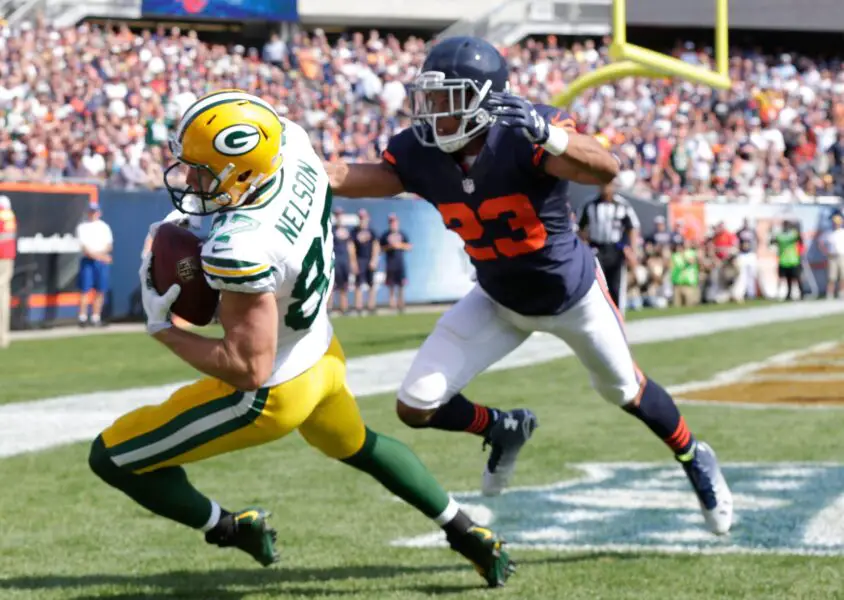 Green Bay Packers wide receiver Jordy Nelson (87) scores a TD during the 1st half of their game Sunday, September 28, 2014 at Soldier Field in Chicago, Ill. © Mike De Sisti / Milwaukee Journal Sentinel / USA TODAY NETWORK