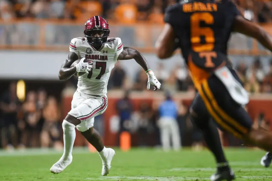 South Carolina wide receiver Xavier Legette (17) with the ball during an NCAA college football game between Tennessee and South Carolina in Knoxville, Tenn., on Saturday, Sept. 30, 2023. © Caitie McMekin/News Sentinel / USA TODAY NETWORK (Green Bay Packers)