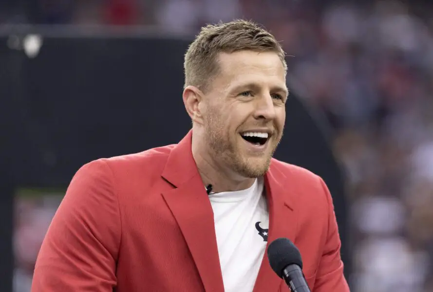 Oct 1, 2023; Houston, Texas, USA; Former Houston Texans JJ Watt speaks to the fans during his Ring Of Honor Ceremony at halftime during the game between the Texans and Pittsburgh Steelers at NRG Stadium. Mandatory Credit: Thomas Shea-USA TODAY Sports (Green Bay Packers)