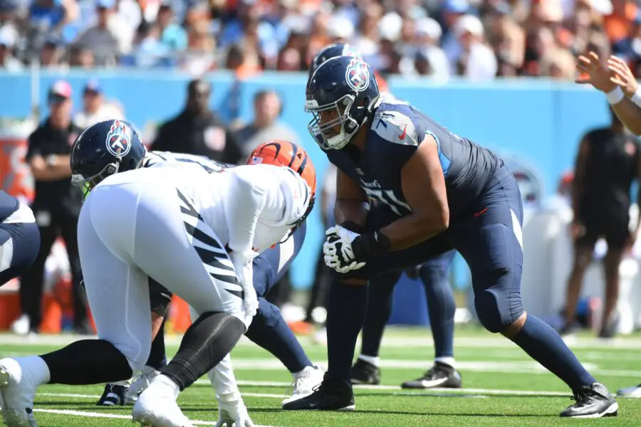 Oct 1, 2023; Nashville, Tennessee, USA; Tennessee Titans offensive tackle Andre Dillard (71) waits for the snap against the Cincinnati Bengals at Nissan Stadium. Mandatory Credit: Christopher Hanewinckel-USA TODAY Sports (Green Bay Packers)