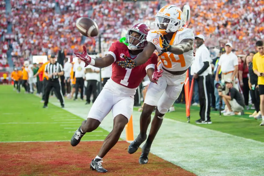 Tennessee wide receiver Kaleb Webb (84) reaches for the ball while defended by Alabama defensive back Kool-Aid McKinstry (1) during a football game between Tennessee and Alabama at Bryant-Denny Stadium in Tuscaloosa, Ala., on Saturday, Oct. 21, 2023. © Brianna Paciorka/News Sentinel / USA TODAY NETWORK (Green Bay Packers)