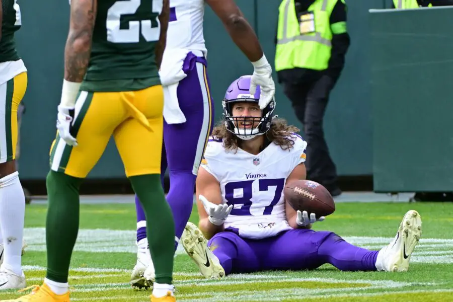 Oct 29, 2023; Green Bay, Wisconsin, USA; Minnesota Vikings tight end T.J. Hockenson (87) reacts after catching a short pass for a touchdown in the third quarter against the Green Bay Packers at Lambeau Field. Mandatory Credit: Benny Sieu-USA TODAY Sports