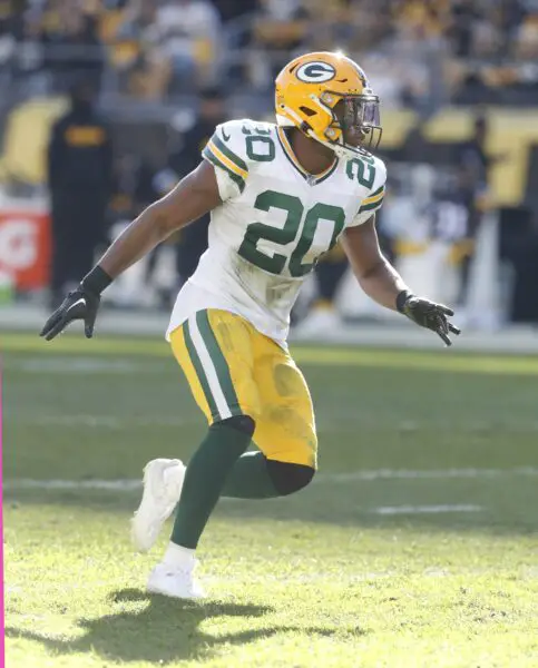 Nov 12, 2023; Pittsburgh, Pennsylvania, USA;Green Bay Packers safety Rudy Ford (20) in pass coverage against the Pittsburgh Steelers during the second quarter at Acrisure Stadium. Mandatory Credit: Charles LeClaire-USA TODAY Sports