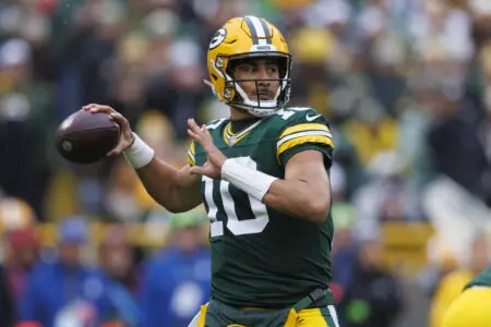 Dec 17, 2023; Green Bay, Wisconsin, USA; Green Bay Packers quarterback Jordan Love (10) throws a pass during the first quarter against the Tampa Bay Buccaneers at Lambeau Field. Mandatory Credit: Jeff Hanisch-USA TODAY Sports