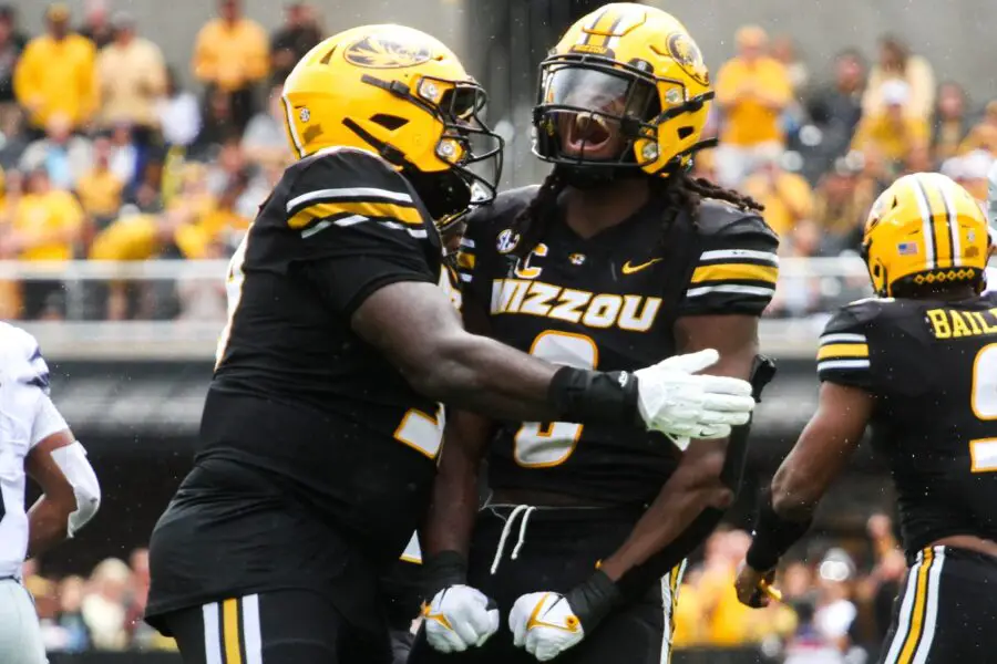 Missouri linebacker Ty'Ron Hopper celebrates after a play during a game against Kansas State at Memorial Stadium on Sept. 16, 2023, in Columbia, Mo. © Abigail Landwehr/Tribune / USA TODAY NETWORK (Green Bay Packers)