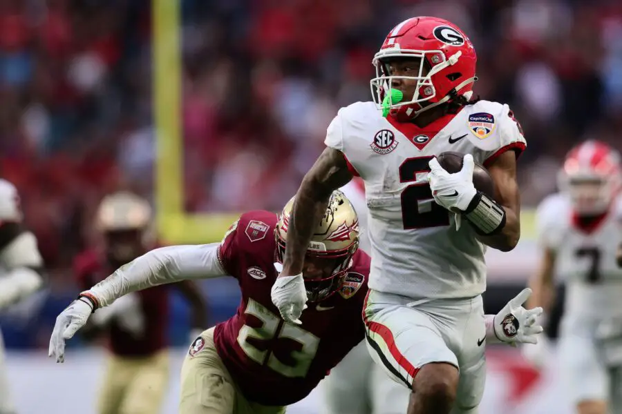 Dec 30, 2023; Miami Gardens, FL, USA; Georgia Bulldogs running back Kendall Milton (2) rushes the ball against the Florida State Seminoles during the first half in the 2023 Orange Bowl at Hard Rock Stadium. Mandatory Credit: Sam Navarro-USA TODAY Sports (Green Bay Packers)