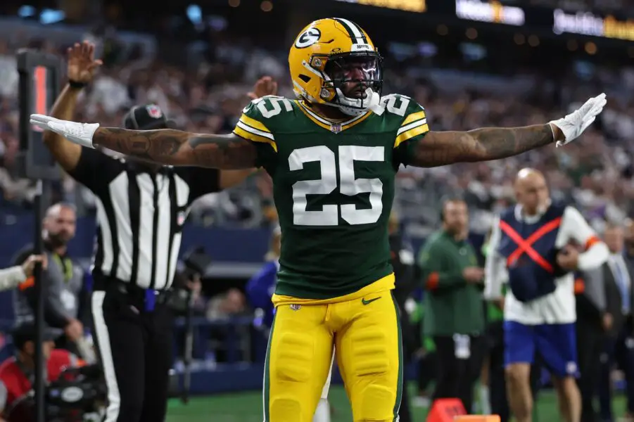 Jan 14, 2024; Arlington, Texas, USA; Green Bay Packers cornerback Keisean Nixon (25) reacts after a play against the Dallas Cowboys during the second half of the 2024 NFC wild card game at AT&T Stadium. Mandatory Credit: Tim Heitman-USA TODAY Sports