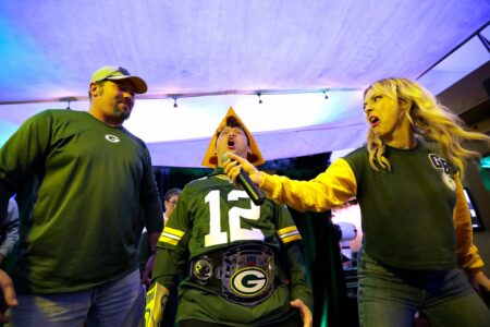 Green Bay Packers fans compete to see who can yell “Go Pack Go” the longest during the Packers Everywhere pep rally Friday, January 19, 2024, at The Patio in Palo Alto, California. © Dan Powers/USA TODAY NETWORK-Wisconsin / USA TODAY NETWORK