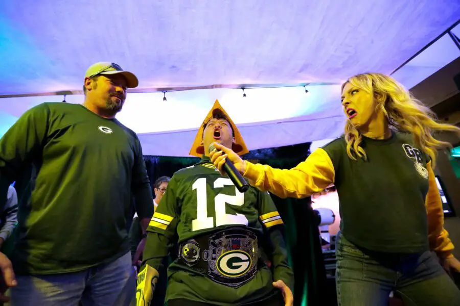 Green Bay Packers fans compete to see who can yell “Go Pack Go” the longest during the Packers Everywhere pep rally Friday, January 19, 2024, at The Patio in Palo Alto, California. © Dan Powers/USA TODAY NETWORK-Wisconsin / USA TODAY NETWORK