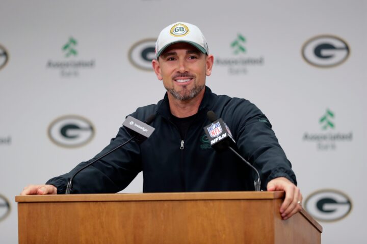 Green Bay Packers head coach Matt LaFleur talks about defensive coordinator Jeff Hafley during a press conference Thursday, February 22, 2024, at Lambeau Field in Green Bay, Wis.