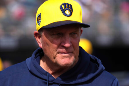 Feb 24, 2024; Peoria, Arizona, USA; Milwaukee Brewers manager Pat Murphy looks on prior to the Spring Training game against the San Diego Padres at Peoria Sports Complex. Mandatory Credit: Joe Camporeale-USA TODAY Sports