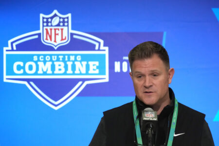 Feb 27, 2024; Indianapolis, IN, USA; Green Bay Packers general manager Brian Gutekunst during the NFL Scouting Combine at Indiana Convention Center. Mandatory Credit: Kirby Lee-USA TODAY Sports
