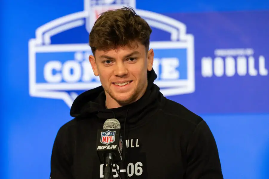 Feb 29, 2024; Indianapolis, IN, USA; Iowa defensive back Cooper Dejean (DB06) talks to the media during the 2024 NFL Combine at Lucas Oil Stadium. Mandatory Credit: Trevor Ruszkowski-USA TODAY Sports Green Bay Packers