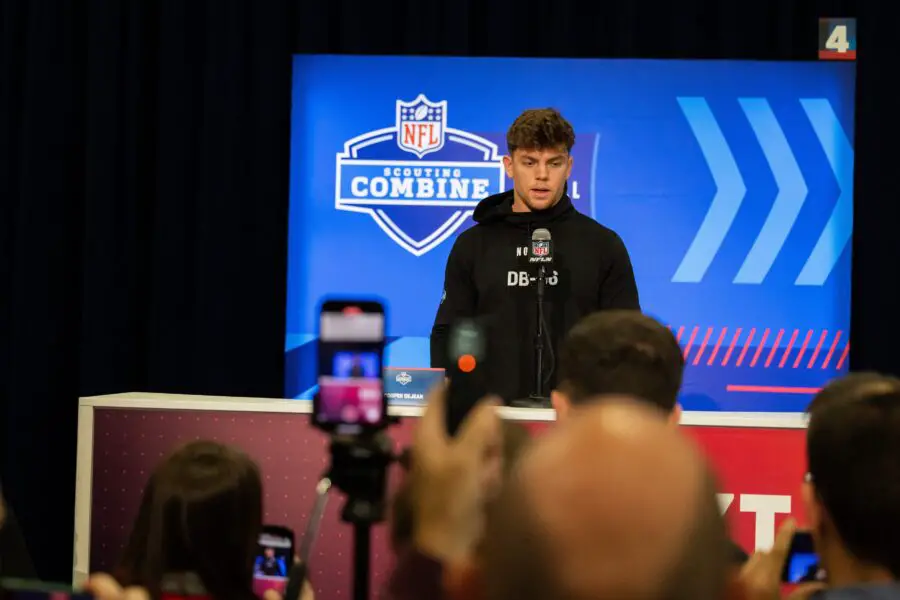 Feb 29, 2024; Indianapolis, IN, USA; Iowa defensive back Cooper Dejean (DB06) talks to the media during the 2024 NFL Combine at Lucas Oil Stadium. Mandatory Credit: Trevor Ruszkowski-USA TODAY Sports (Green Bay Packers)