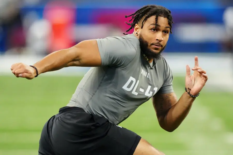 Feb 29, 2024; Indianapolis, IN, USA; Western Michigan defensive lineman Marshawn Kneeland (DL41) works out during the 2024 NFL Combine at Lucas Oil Stadium. Mandatory Credit: Kirby Lee-USA TODAY Sports (Green Bay Packers)