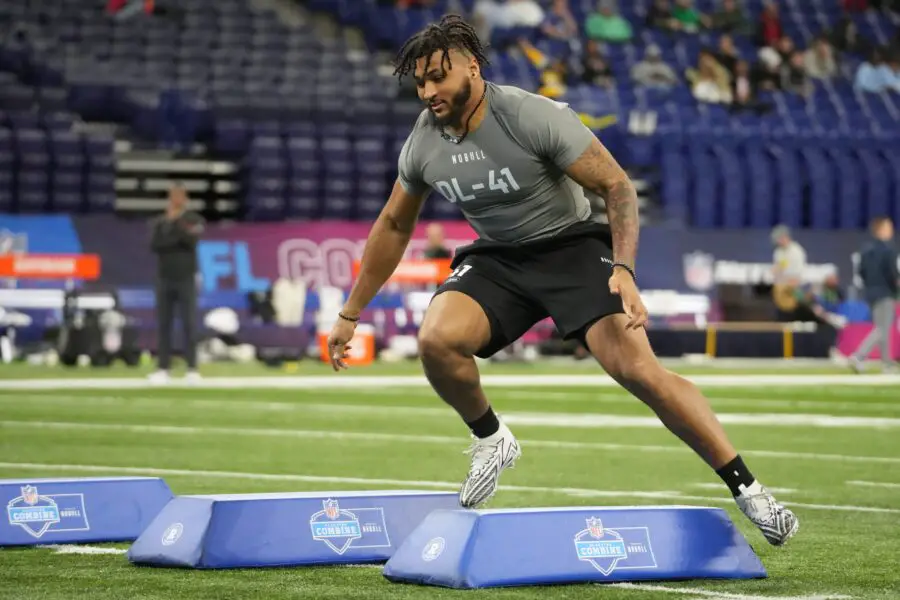 Feb 29, 2024; Indianapolis, IN, USA; Western Michigan defensive lineman Marshawn Kneeland (DL41) works out during the 2024 NFL Combine at Lucas Oil Stadium. Mandatory Credit: Kirby Lee-USA TODAY Sports (Green Bay Packers)