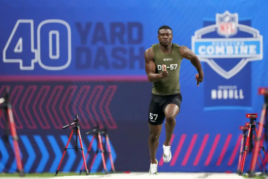 Mar 1, 2024; Indianapolis, IN, USA; Oregon State defensive back Kitan Oladapo (DB57) works out during the 2024 NFL Combine at Lucas Oil Stadium. Mandatory Credit: Kirby Lee-USA TODAY Sports