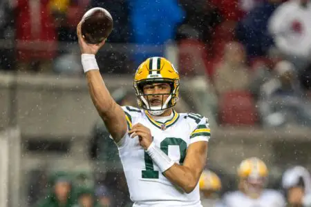 January 20, 2024; Santa Clara, CA, USA; Green Bay Packers quarterback Jordan Love (10) during the first quarter in a 2024 NFC divisional round game against the San Francisco 49ers at Levi's Stadium. Mandatory Credit: Kyle Terada-USA TODAY Sports
