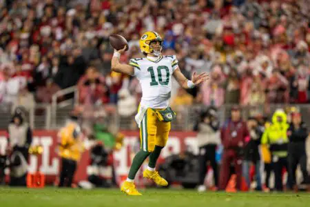 January 20, 2024; Santa Clara, CA, USA; Green Bay Packers quarterback Jordan Love (10) during the second quarter in a 2024 NFC divisional round game against the San Francisco 49ers at Levi's Stadium. Mandatory Credit: Kyle Terada-USA TODAY Sports